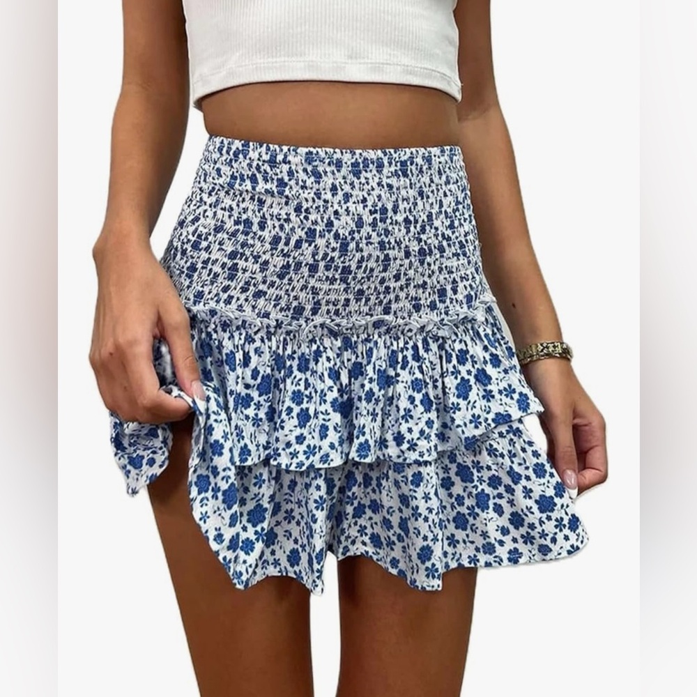 New Women’s High Waist Layered Ruffle Mini Skirt Floral Smocked A Line Short